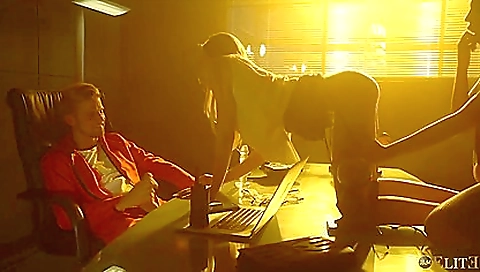 A sexy brunette milf gets fucked by a group of guys