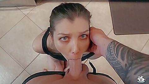 Busty brunette has fun with a big cock in the kitchen