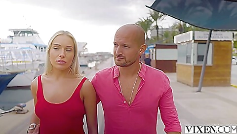 Blonde milf in sexy dress outdoors and shows her body