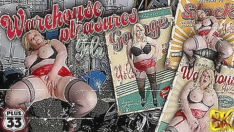 Mature blonde is rubbing her hairy pussy in the warehouse