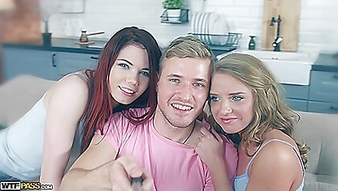 Horny blonde babe with a shaved pussy gets fucked by a red head