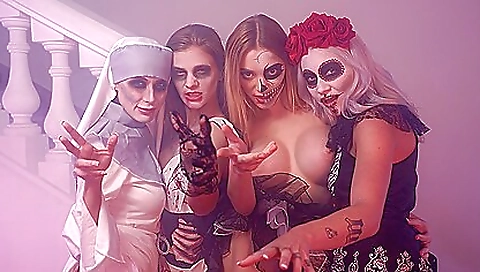 Blonde with a tattoo is making a porn movie with three women