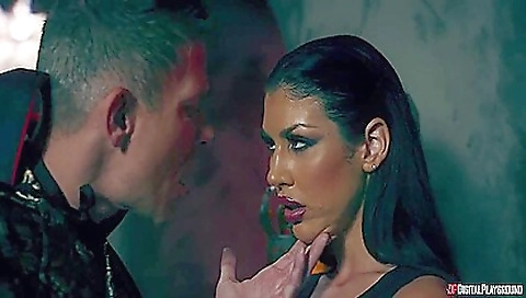 Ebony and brunette in sexy costumes play threesome