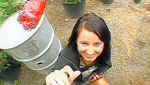 Big cock in the bikini of a hairy girl outside of the house